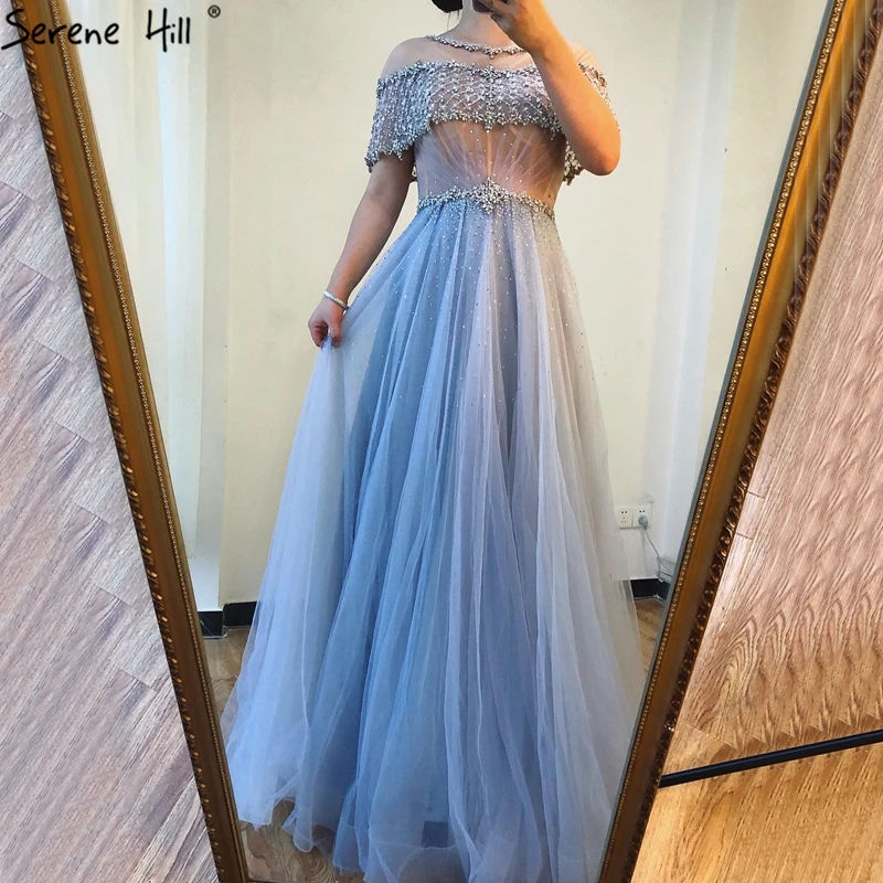 Serene Hill Blue A-Line O-Neck Diamond Sequins  Evening Dresses Dubai Short Sleeves Formal Luxury Beaded 2024 LA70352