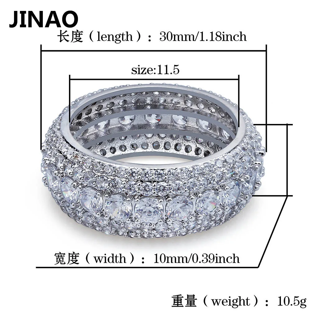 Jinao New  Hip Hop 5 Rows Luxury Cubic Zircons  Rings Fashion Classic Punk Males Finger Rings Size 7-11