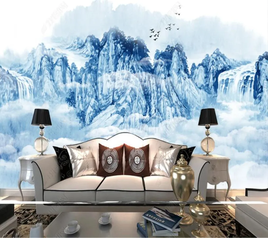 

Papel de parede Blue and white blue ink landscape waterfall 3d wallpaper mural,iving room tv wall bedroom wall papers home decor