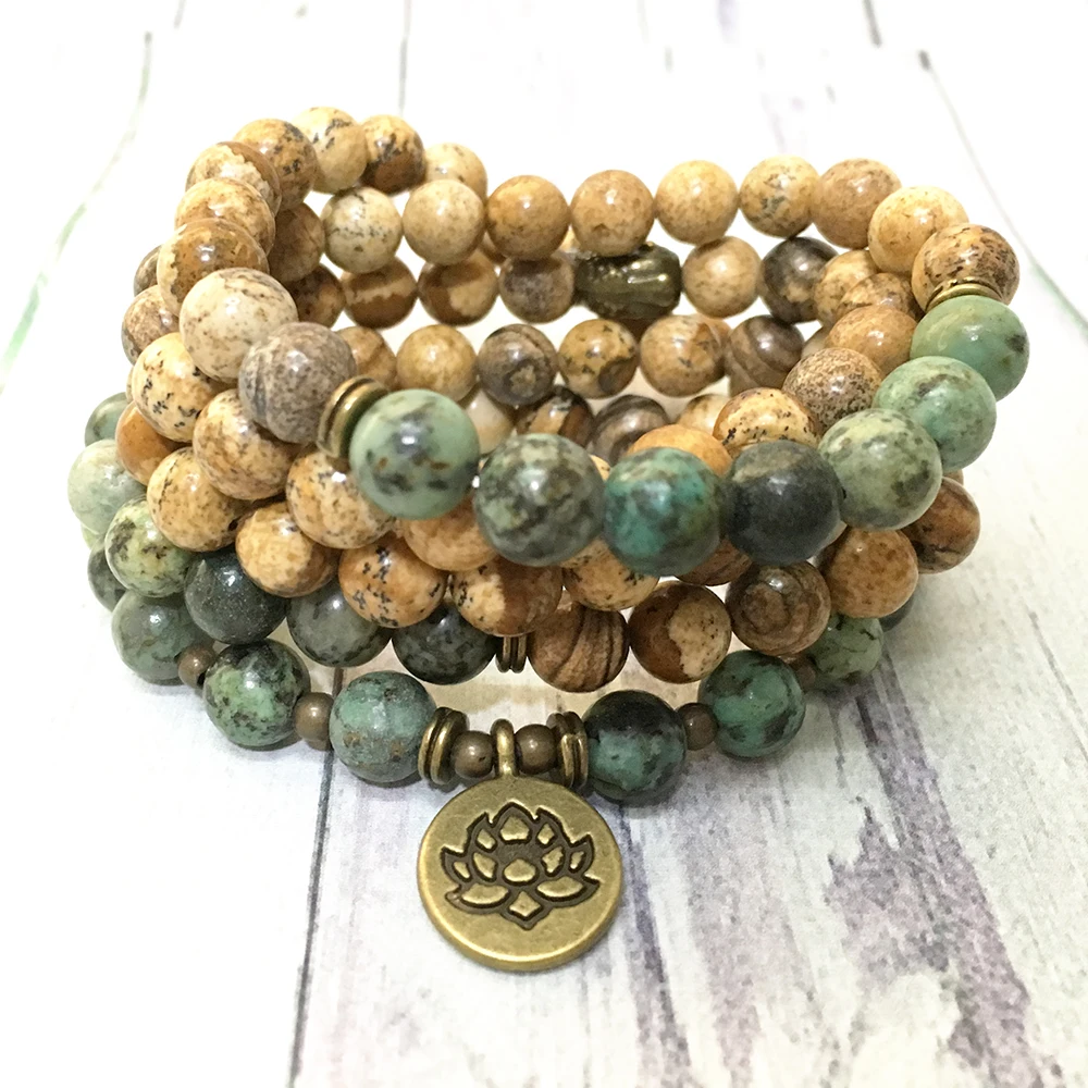 

MG0587 AA Grade Picture Jasper Bracelet 108 Mala Women`s Yoga Necklace Bronze Lotus Charm African Turquoise Bracelet