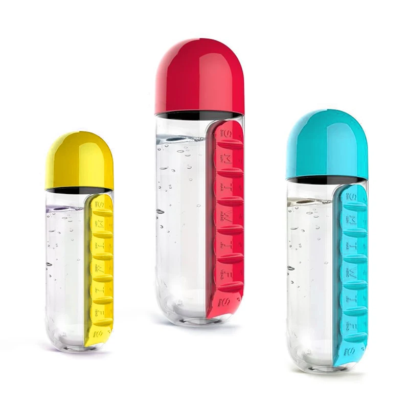 

600ML Portable Plastic Water Bottle With Reminder To Take Medicine Cycle Medical Kit Container Camping
