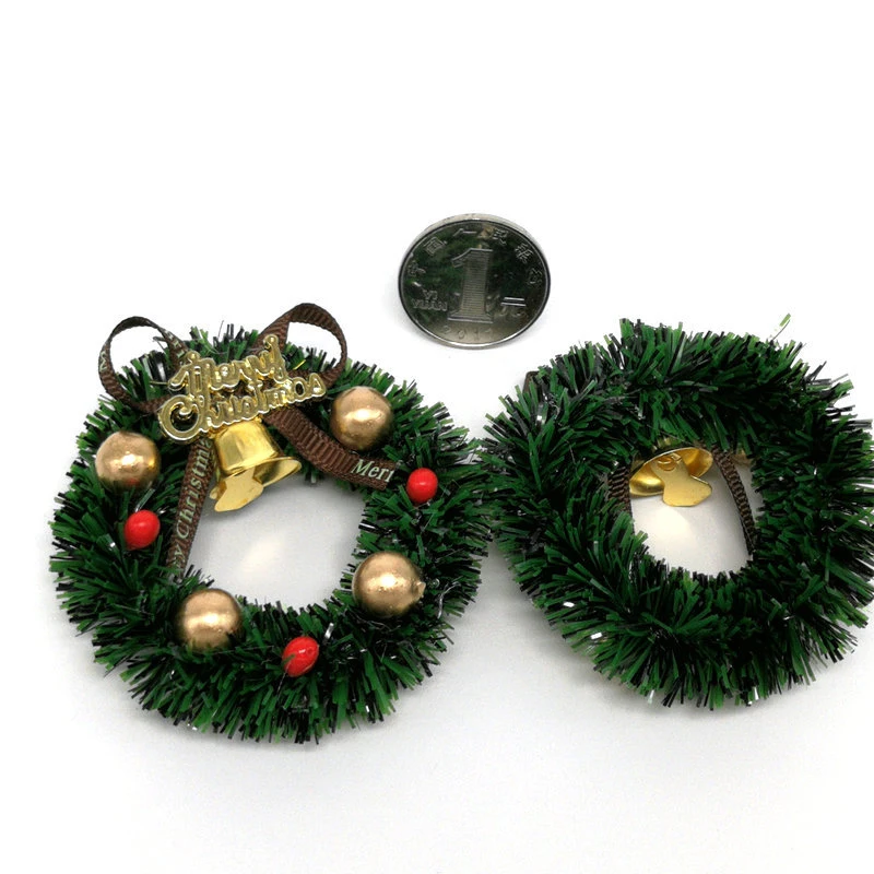 Xm1Pc 6CM Plastic+iron bell+ribbon Green Miniature Wreath Doll House Christmas Tree Wall Decoration Accessories