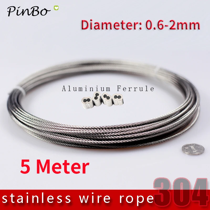 

5 Meter 0.6mm 0.8mm 1mm 1.2mm 1.5mm 2mm 304 Steel Wire Rope Cable Clothesline Rustproof 304 Stainless Steel 7*7