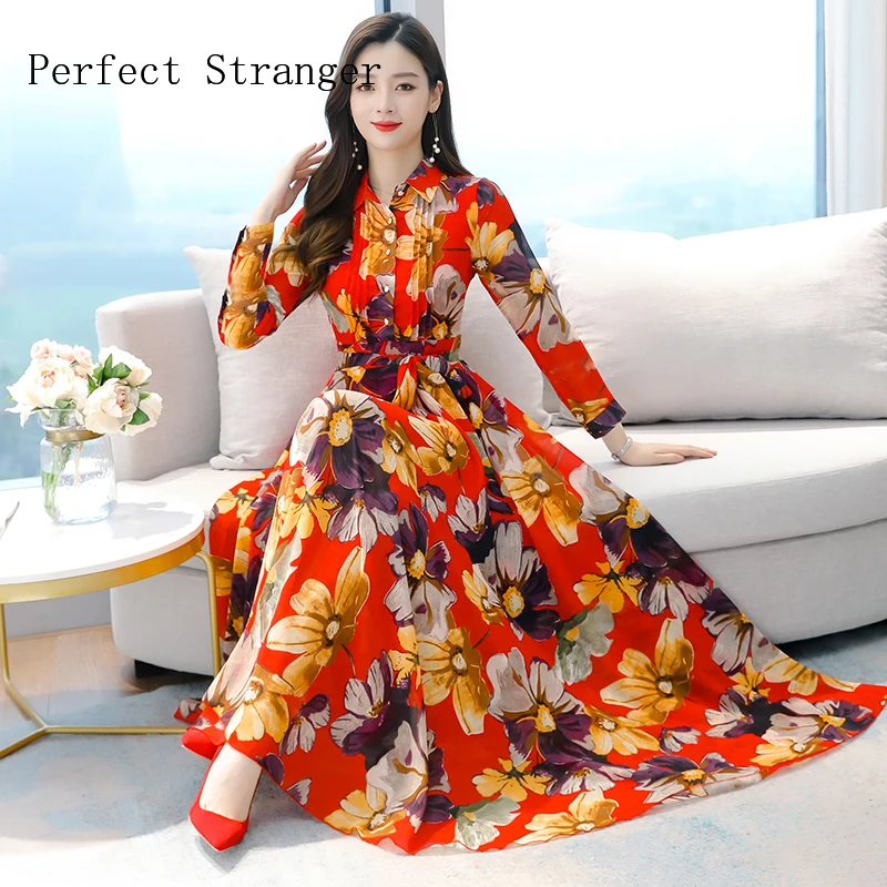 2021 Autumn New Arrival High Quality Elegant Turn Down Collar Long Sleeve Printed  Women Chiffon Long Dress