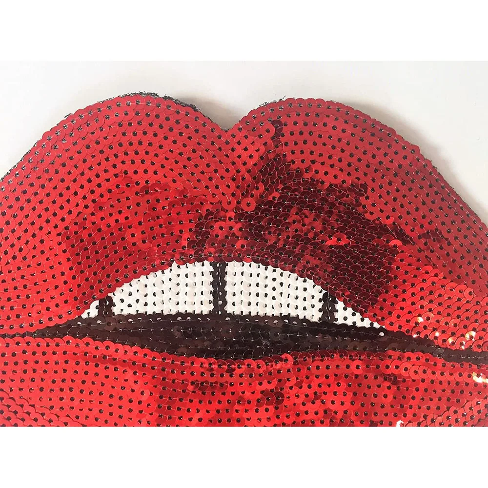 1Pc Large Red Lips Patches Iron On Clothing Glitter Sequin Embroidered Sequins DIY Motif Applique Craft