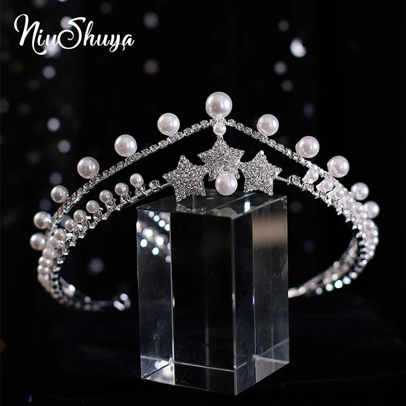 NiuShuya Princess Pearls Bridal Crowns Tiara Headband Crystal Diadem Queen Headpieces Wedding Hair Accessories