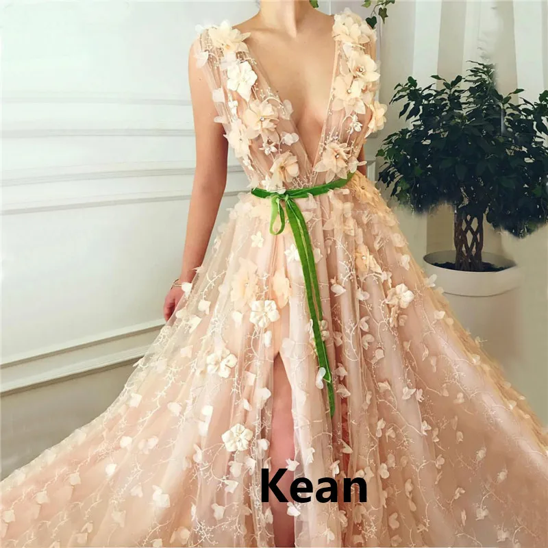 

Champagne Slit Evening Dress Deep-v Peach Special Occasion robe soiree Islamic Dubai Kaftan Saudi Arabic Evening Gown Prom Dress