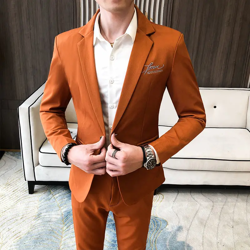 

2-piece Men Embroidered Suit Business Tuxedos Traje Novio 2020 Men Tuxedo Suit Korean Slim Suit Bridegroom Wedding Dress British