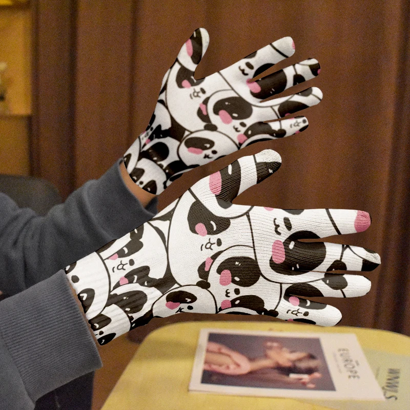 

Перчатки с принтом панды для мужчин и женщин, зимние Нескользящие перчатки, перчатки для работы на открытом воздухе, перчатки для сенсорного экрана, вязаные рабочие садовые перчатки