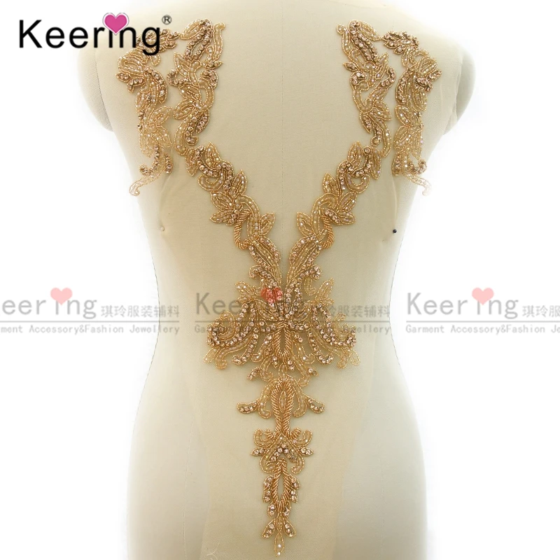 3D Fashion Dark V Rose Gold Rhinestone Body Applique, Wedding Panel, WDP-345