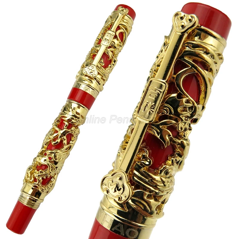 Jinhao Nostalgic Dragon Phoenix Fountain Pen, Metal Carving Embossing Heavy Pen, Golden & Red For Business Gift Pen