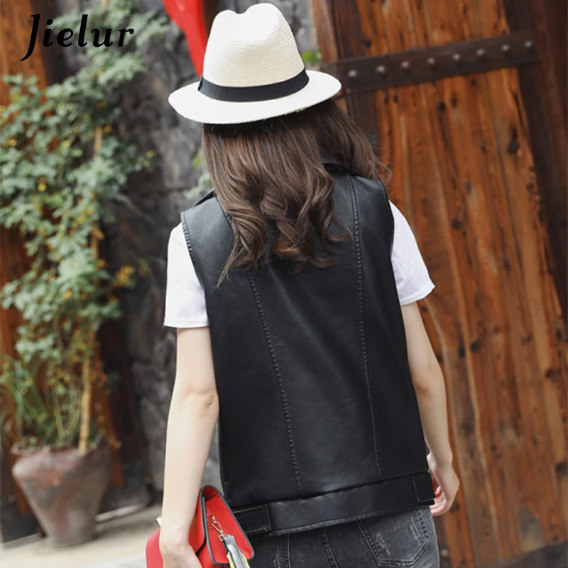 Jielur 2021 Women Leather Vest Black Chicly Mujer Coat High Street Vintage Leather Clothing Autumn Winter Coat Vest Zipper M-L