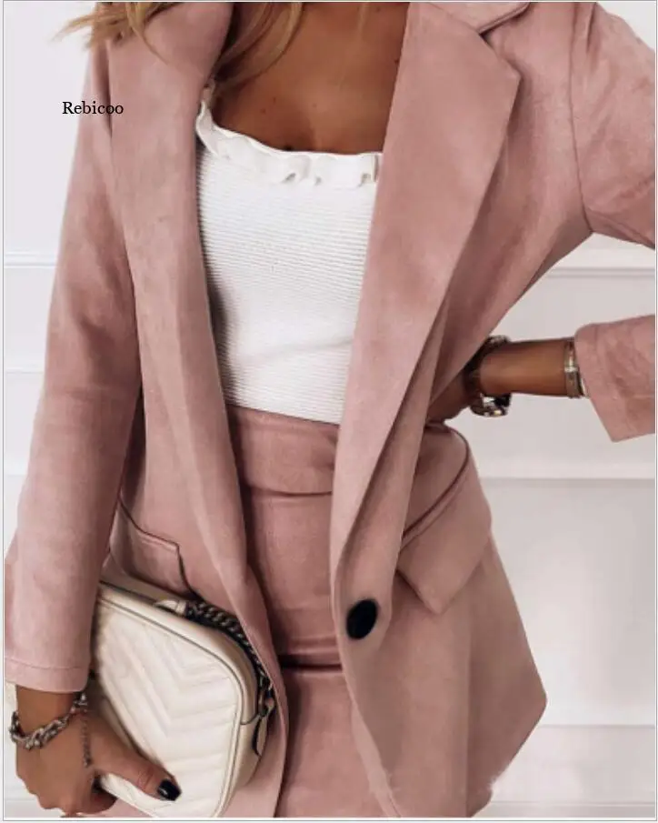 Elegant women chic button blazer office ladies pocket jackets casual female slim notched suits solid pink girls chic sets