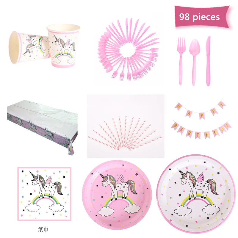 98pcs Unicorn Birthday Party Supplies Set and Decorations for Birthday Girl Bday Magical Unicorn Theme Party