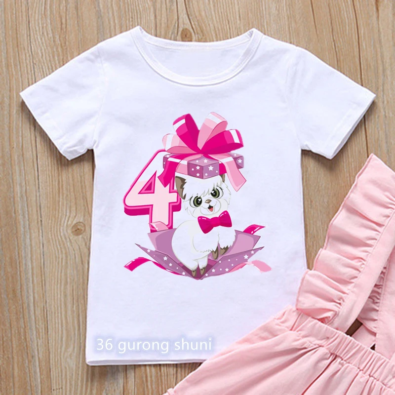 

Kawaii Girls T-Shirt Funny Cat Graphics 2-6years Old Birthday Number Gift Costume Baby Girl Clothes Summer Children Tshirt Tops