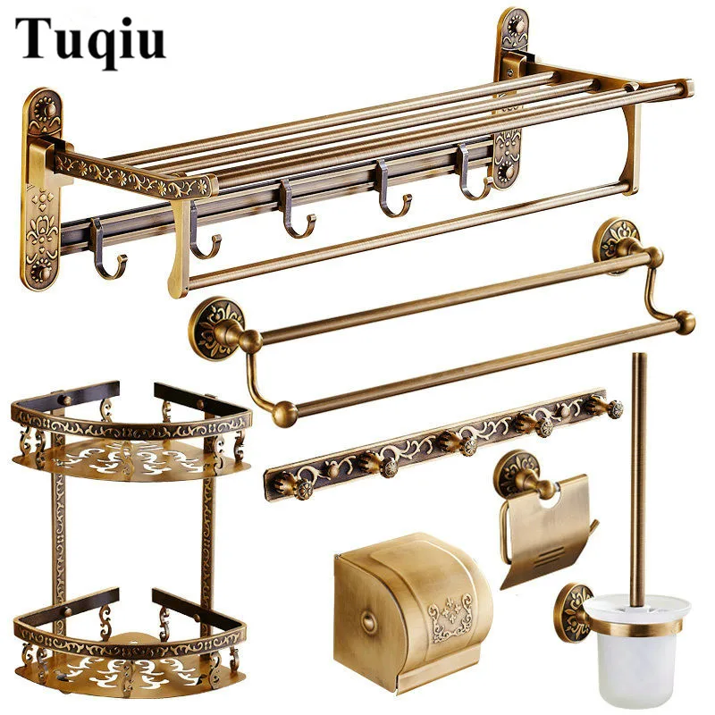 Tuqiu Bathroom Accessories Antique Bronze Carved Aluminum Bath Hardware Towel Rack,Paper holder Toilet Brush Holder,hooks