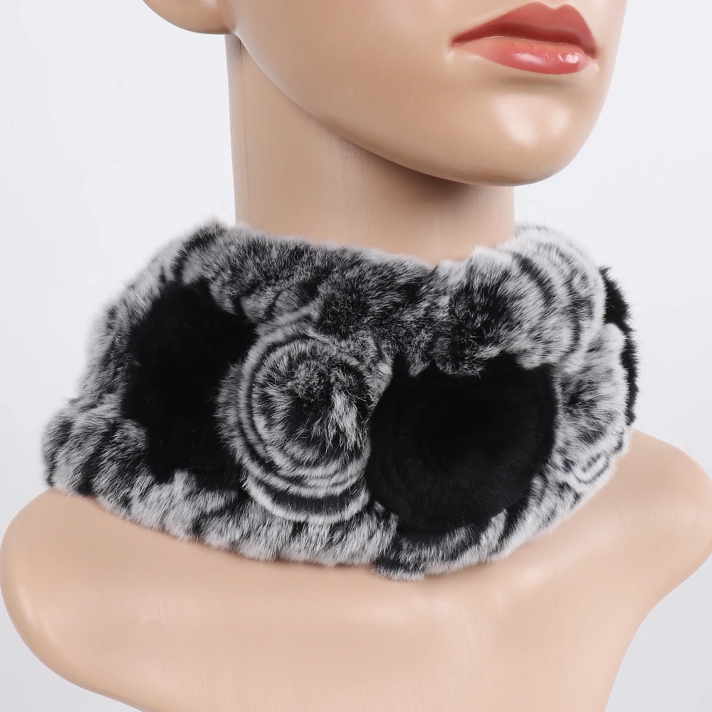 Damen Elastischer Blumen-Schal aus echtem Rex-Kaninchenfell, Natürlich Warmer Rex-Kaninchenfell-Stirnband, Damen Winter Echt-Rex-Kaninchenfell-Schals – Detail 4