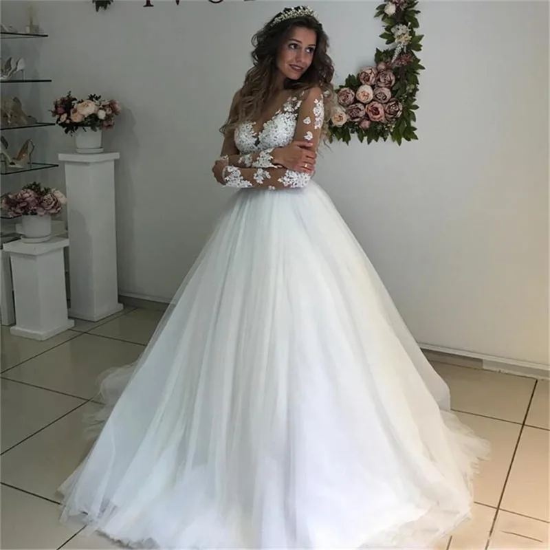 Vestidos de novia de manga larga con escote redondo, apliques de encaje, espalda transparente, Blanco/Marfil, 2023