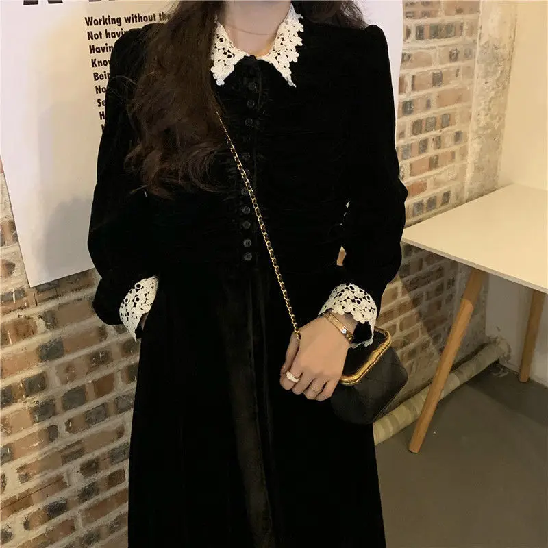 Dresses Women Long Sleeve Button Spring Ladies Retro Warm All-match Korean Style Fashionable Students New Solid Mujer Vestdios