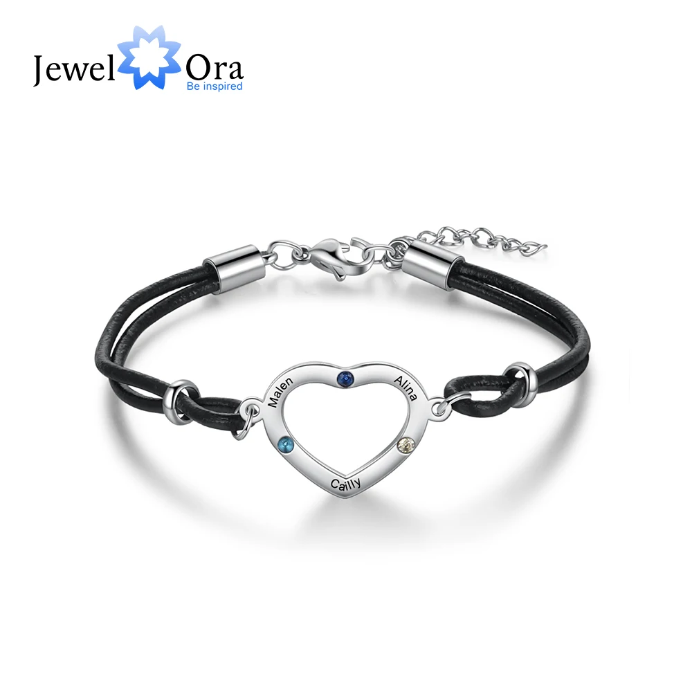 

JewelOra Personalized Heart Bracelet with 3 Birthstones Customized Engraving Mother Kids Name Chain Bracelet Anniversary Jewelry