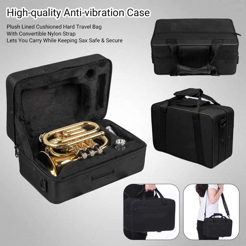 LOMMI Professional Pocket Trumpet Tone Flat B Bb Brass Wind Instrument W/Mouthpiece Gloves Cloth Brush Grease Hard Case