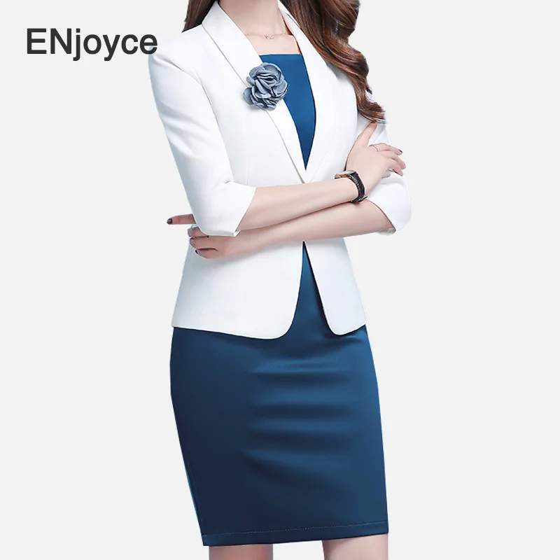 ENjoyce Slim Blazer and Blue Dress women 2 piece Set Outfit Office Lady Workwear White Business Uniform Suits Spring Summer