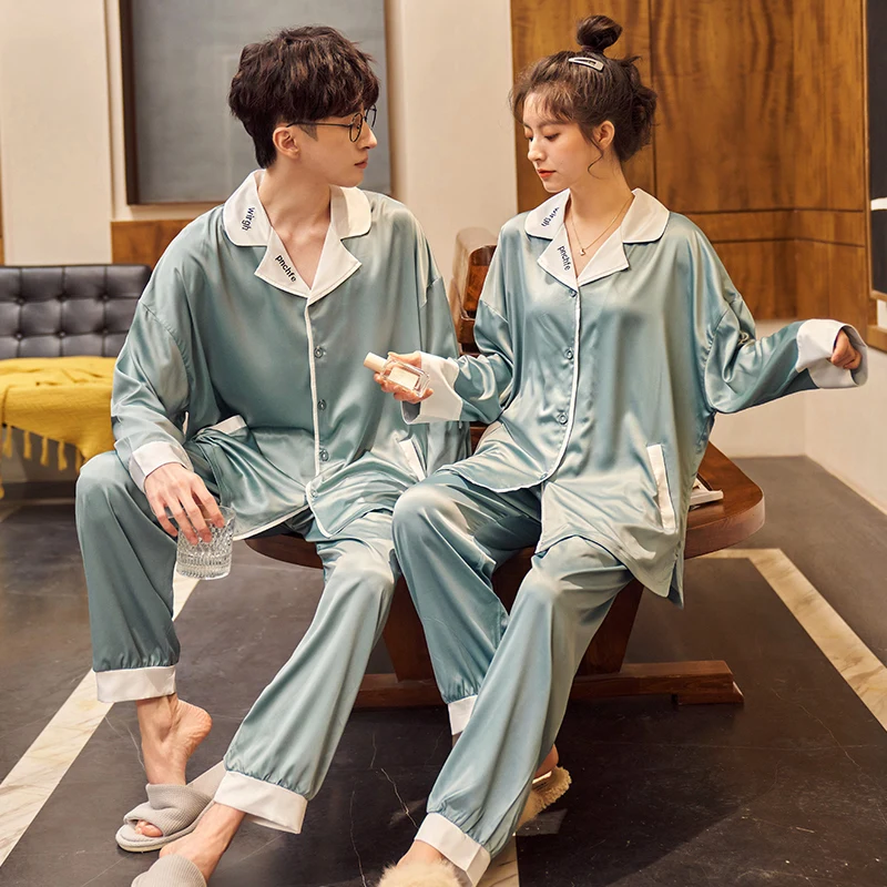 New Couple 100% Real Silk Pajamas Set 2 Pieces Long Sleeves Solid Sleepwear Men Pyjamas Ladies Lounge Home Clothes Suit