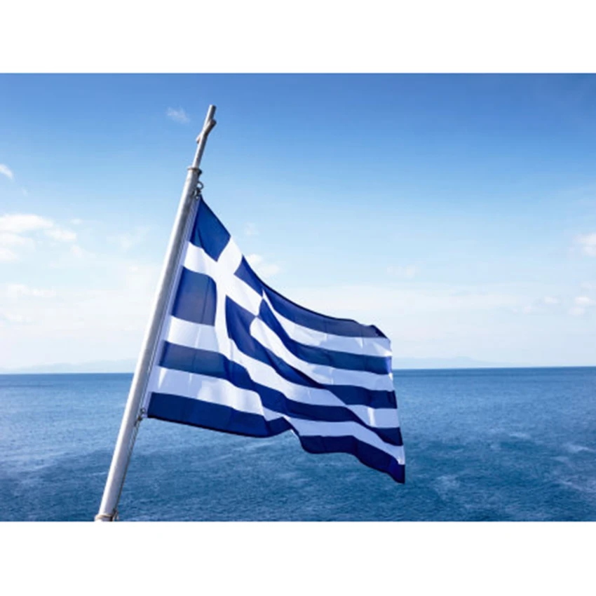 Greece National Flag 3X5FT Against Blue Sky With White Clouds The Albanian Flag Is A Red Flag With A Silhouetted