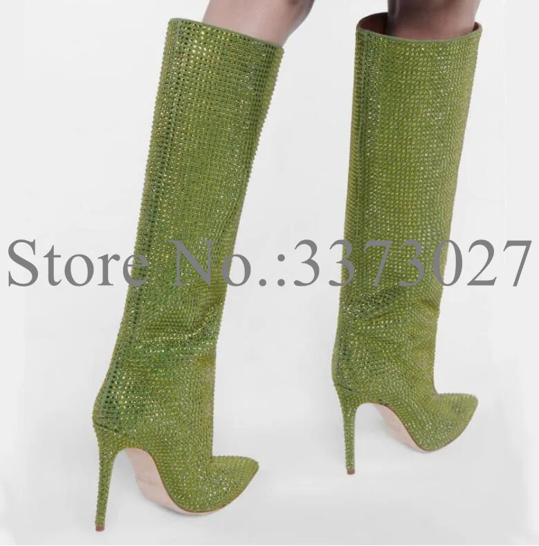 Fashion Green Color Crystal Knee High Woman Boots Sexy Silver Pink Red Color Rhinestone Lady Long Boots New Female Booties