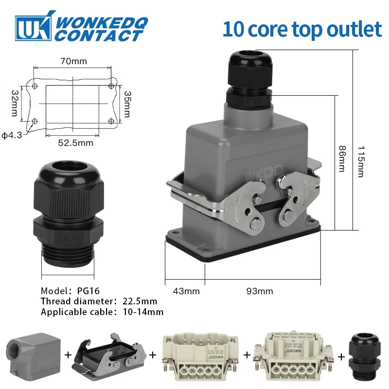 Heavy Duty Power Connectors HDC HE 10 Inserts 500V 16A Contact Screw Crimp Industrial Rectangular Hood Top/Side Entry HDC-HE-010