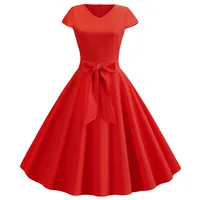 Women Summer Vintage Dress With Belt Short Sleeve V neck Elegant Retro Swing Party Dresses - Image 4
