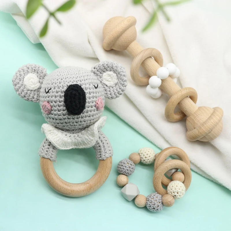 Baby Beech Wooden Teether Ring DIY Crochet Koala Rattle Soother Infant Teething Chewing Molar Toys Dropshipping