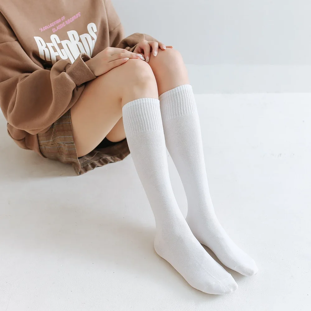 Cotton Woman Stockings Long Socks Solid Color Black White Thigh High Stockings Japan Style School Students Girl Lower Knee Socks