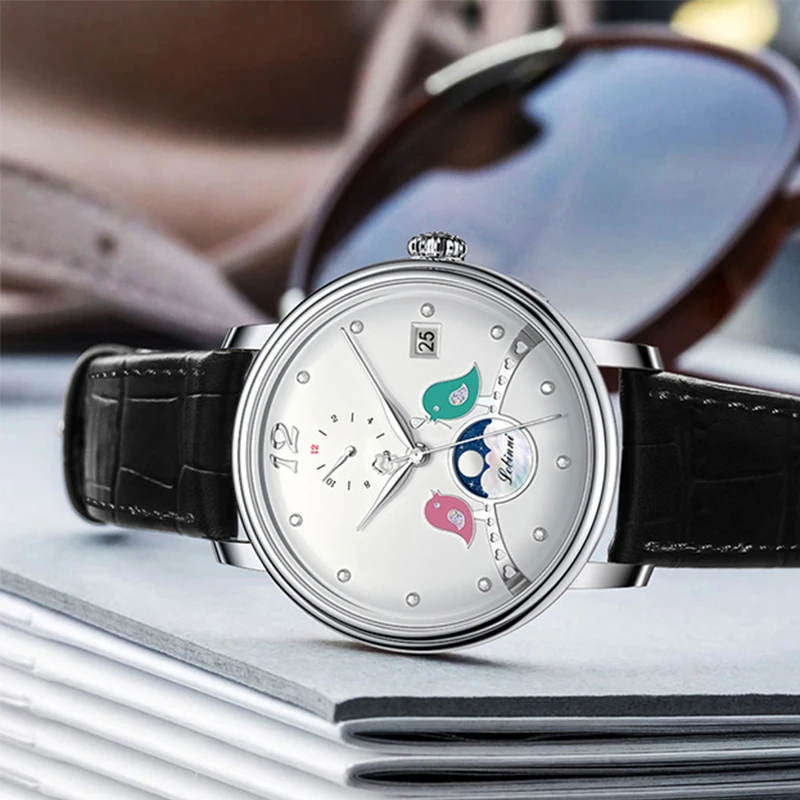 LOBINNI 여성용 정품 가죽 스트랩 시계, 문페이즈 자동 기계식 시계, 사파이어 유리, 방수, 패션