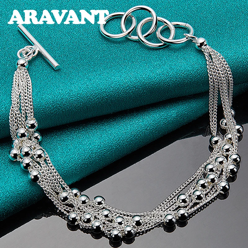 925 Silver Multi Chain Bead Bracelet For Women Charm Jewelry