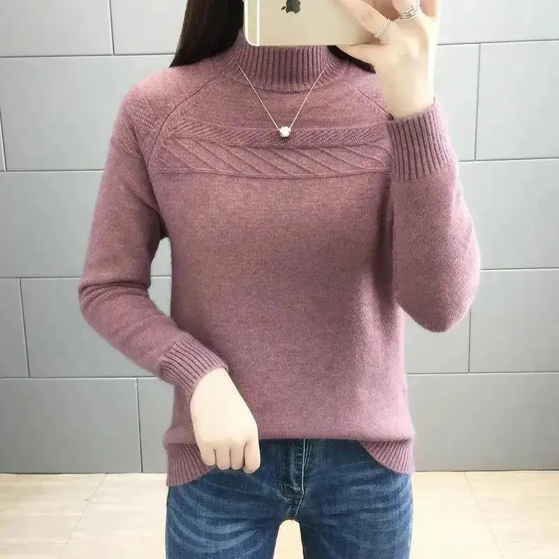 2025 nuevas mujeres suéteres de medio cuello alto otoño señoras Casual jersey de manga larga suéter de punto invierno terciopelo cálido Jumper Tops