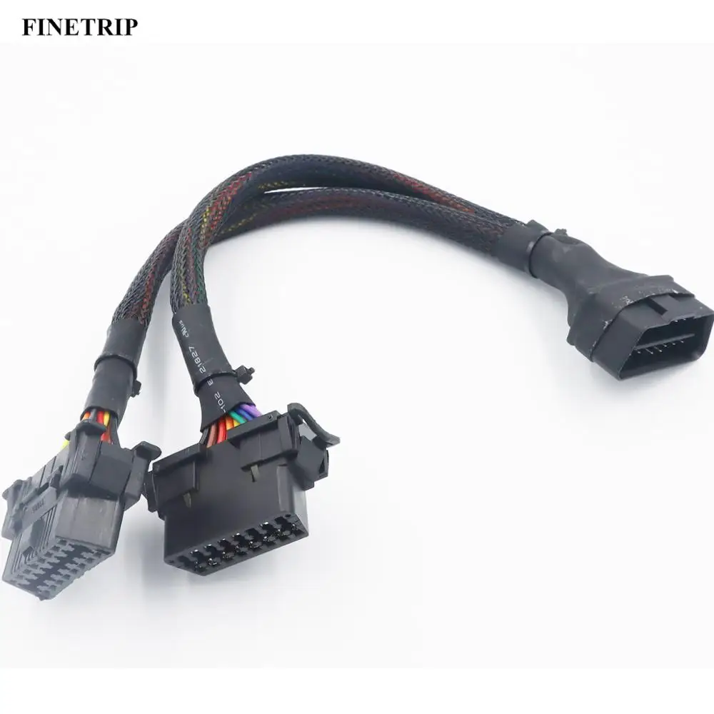 FINETRIP-Cable de extensión OBD2 macho a 2 hembra, Conector de conversión de conexión de ordenador de coche, divisor, 30CM, 2 en 1, para elm327