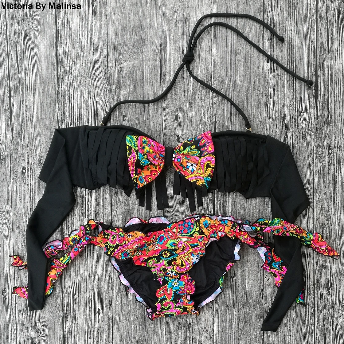 Boog Kwastje Top Bikini Voor Vrouwen Sexy Meisje Badpak Biquini Zwart Printing Bottom Braziliaanse