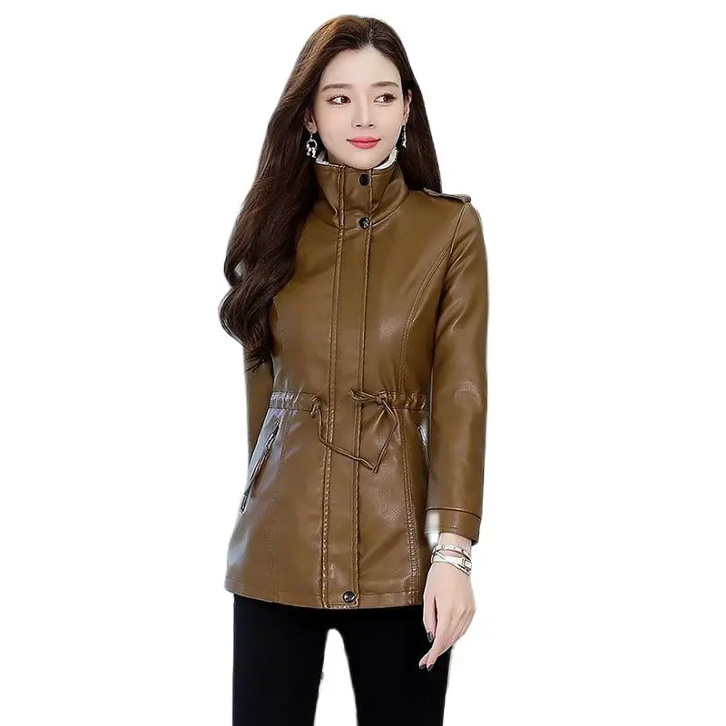 Chaqueta de cuero auténtico de imitación para mujer, abrigo de lana de longitud media, ajustado, para mantener el calor, talla 4XL, Otoño e Invierno