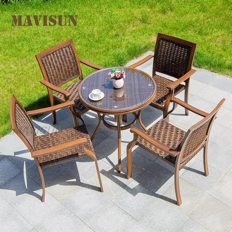 Light Luxury American Modern Wicker Outdoor Table And Rattan Chairs Dining Furniture Combination For Patio Garden Terrace