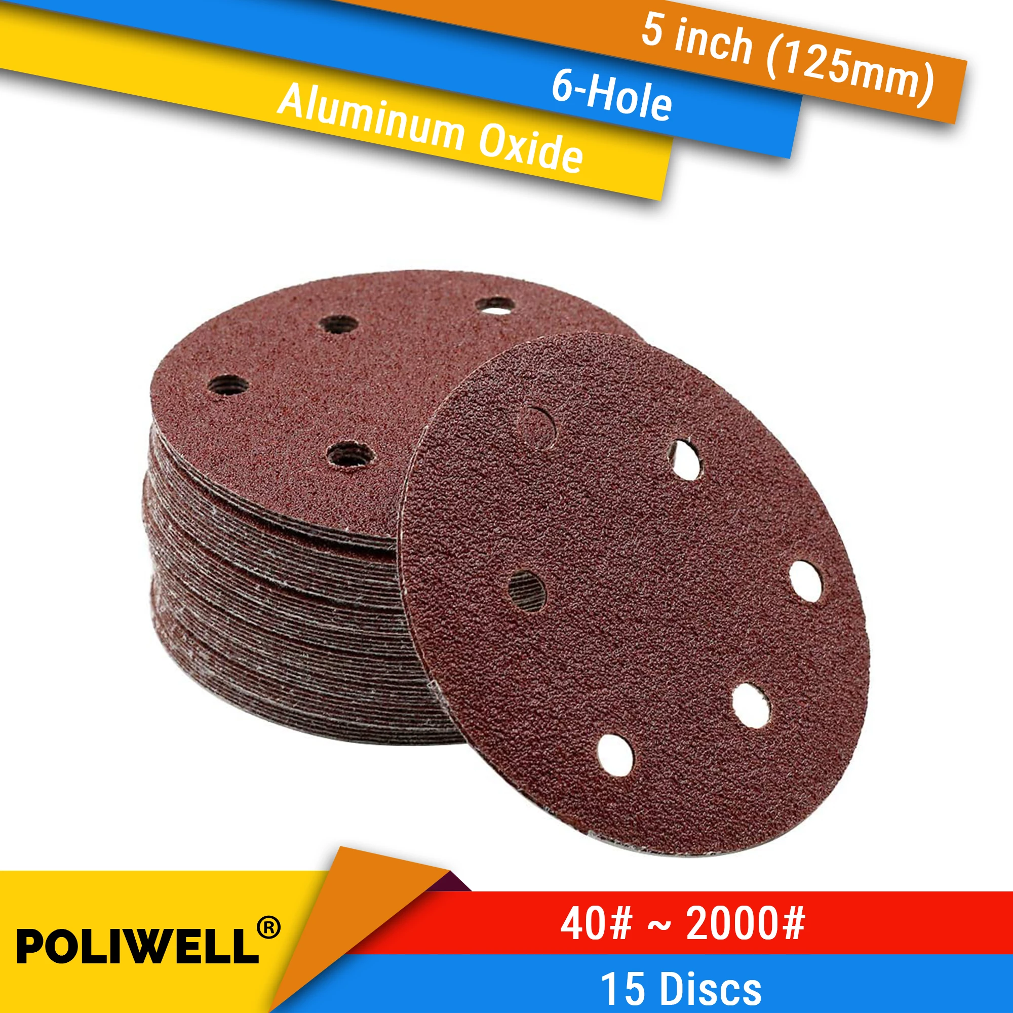 15PCS 5 Inch 125mm 6-Hole Hook&Loop Red Aluminum Oxide Sanding Discs for Woodworking Dremel Power Tools Polishing Accessories