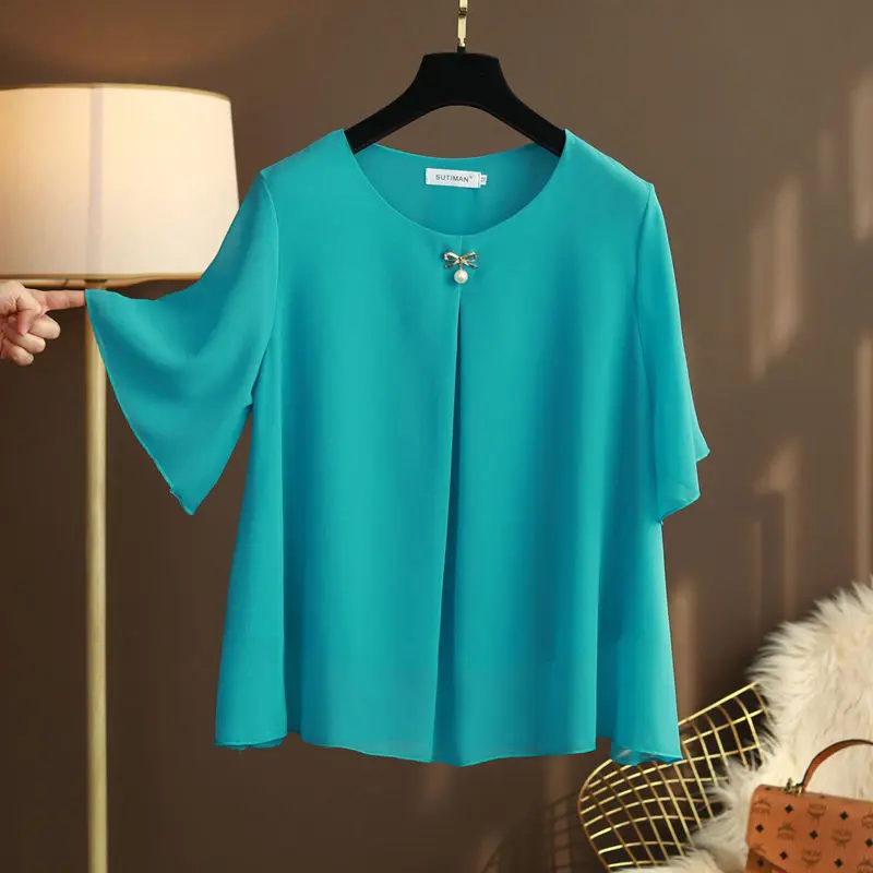 Otyłość damskie szyfonowe bluzki Plus rozmiar 6XL 2025 nowe letnie luźne trwałe koszule bluzki z krótkim rękawem Blusa de talla grande