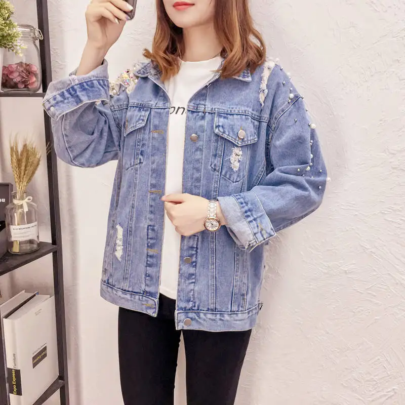 Women Clothing Denim Coat Sequins Beads Hole Jeans Outwear Streetwear Jacket 2025 Spring Autumn Vintage Ladies Casual Denim Tops