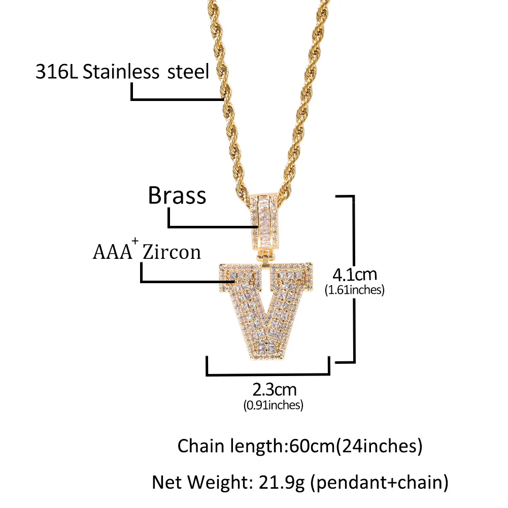 UWIN Baguettecz Letter Pendant Necklace with Tennis Chain CZ Intial Letter Charms Punk Style Hip Hop Necklaces for Drop Shipping