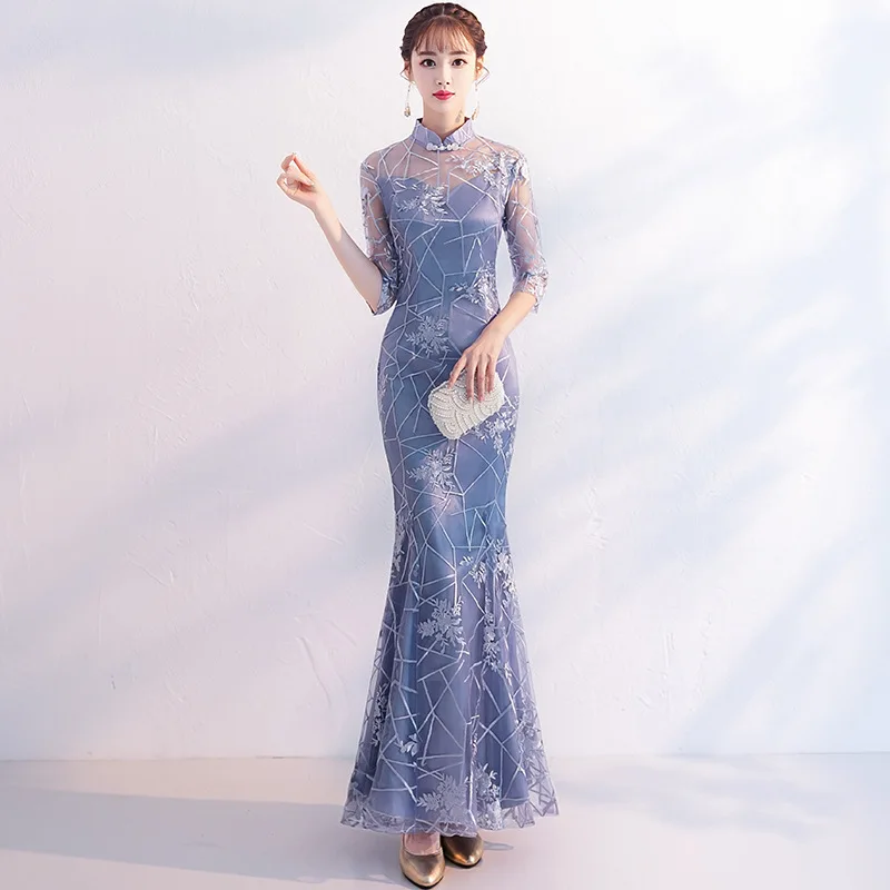 Long Mermaid Evening Party Dress Women Sexy Mandarin Collar Dress Ladies Slim Bodycon Elegant Formal Gowns