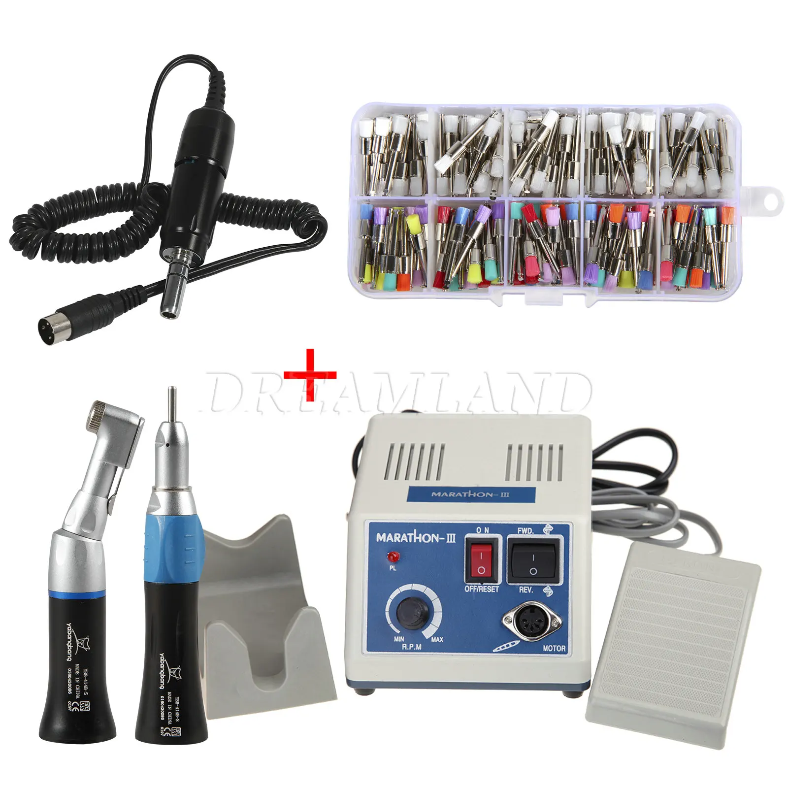 Dental Lab Marathon Micromotor N7 Polish Machine+E-Type Electric Motor+Straight/Contra Handpiece+Polish Brush/Cups Mixed Black