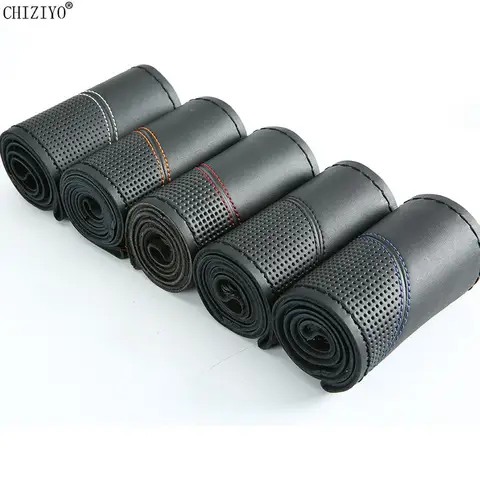 Funda de cuero genuino para volante de coche, 38cm, antideslizante, accesorios interiores para las cuatro estaciones