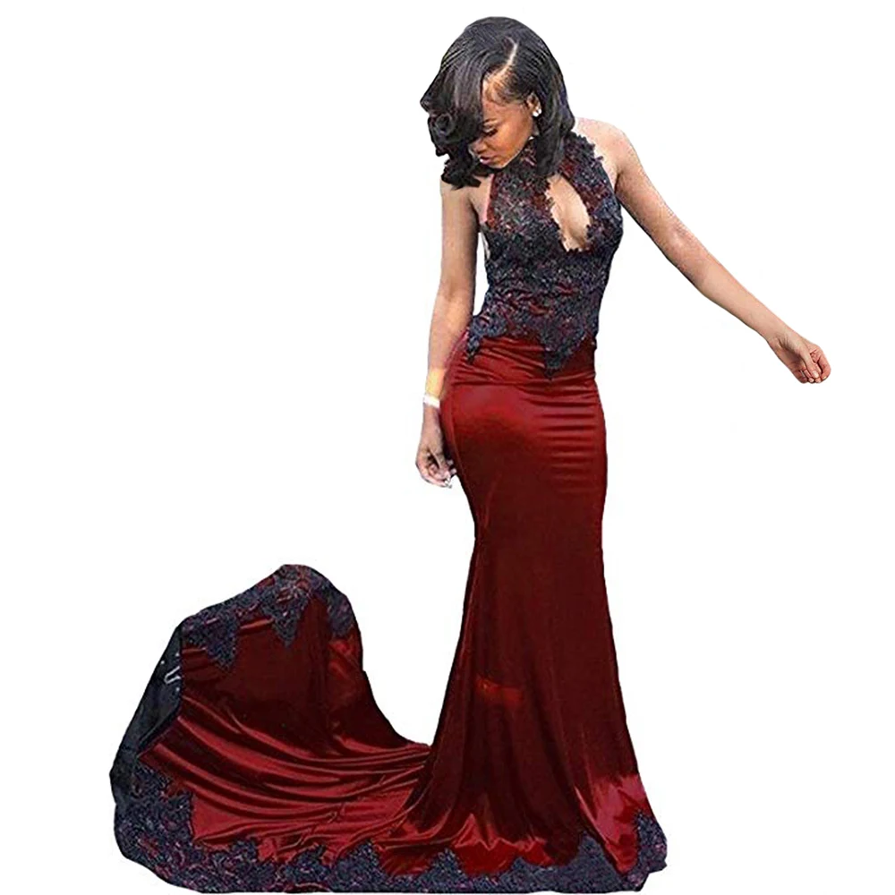 Customized Sexy Halter Mermaid Black Lace Prom Evening Dress 2024 New Sleeveless Backless Banquet Party Gowns vestidos de longo