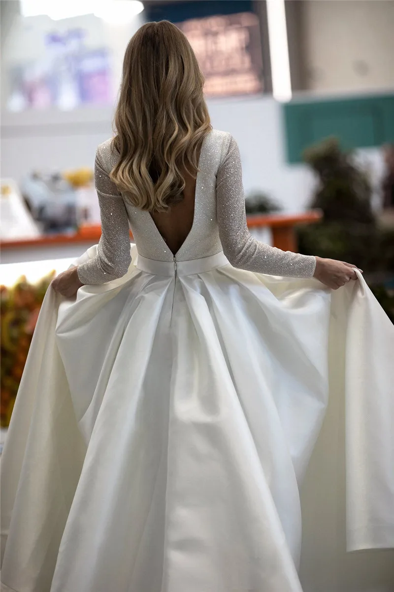 MYYBLE – robe de mariée en Satin, scintillante, à manches longues, décolleté en V profond, coupe trapèze, avec poches