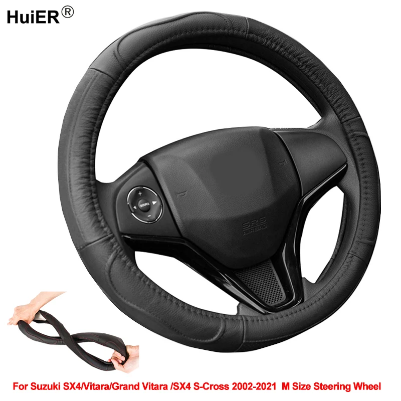 Cow Leather Car Steering Wheel Cover Wrap For Suzuki SX4 Vitara Grand Vitara SX4 S-Cross 2002 - 2020 2021 M Size Steering Wheel